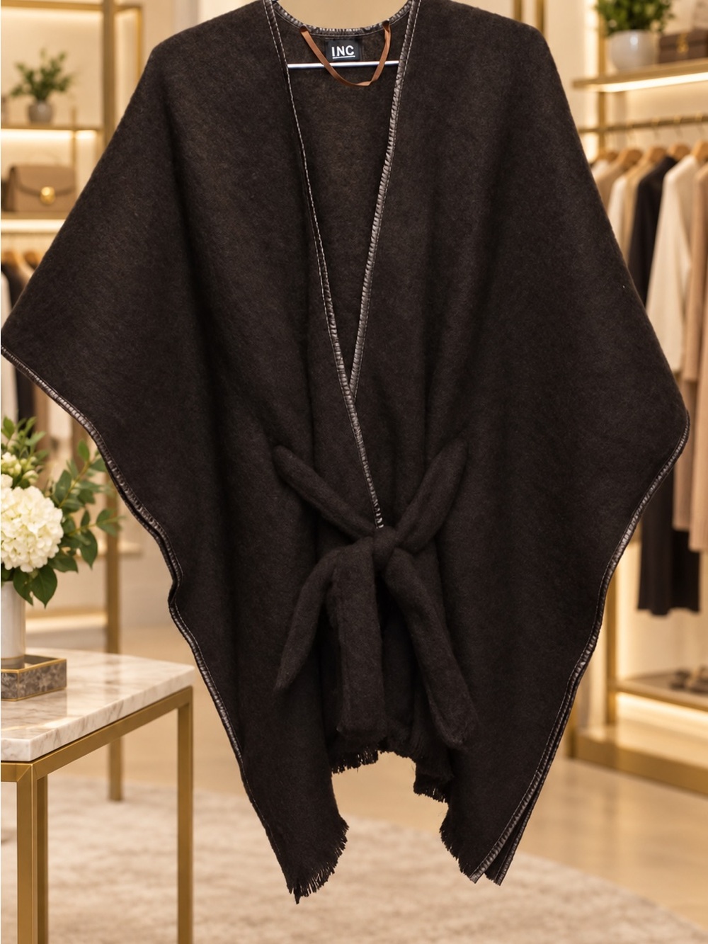 INC International Concepts Black Cozy Wrap Poncho with Tie